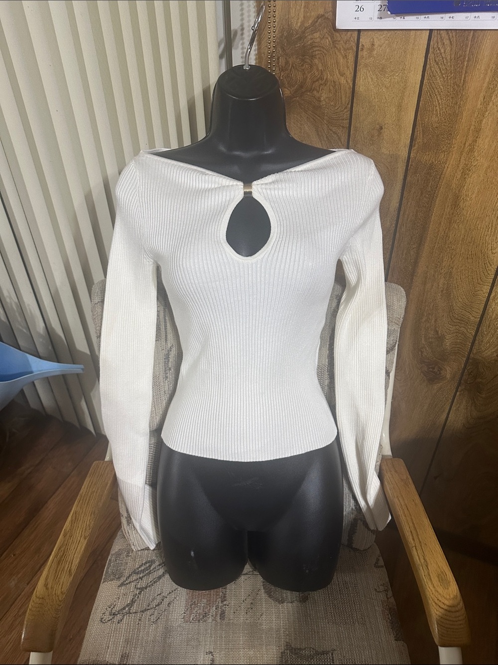 White Ribbed Keyhole Long-Sleeve Top